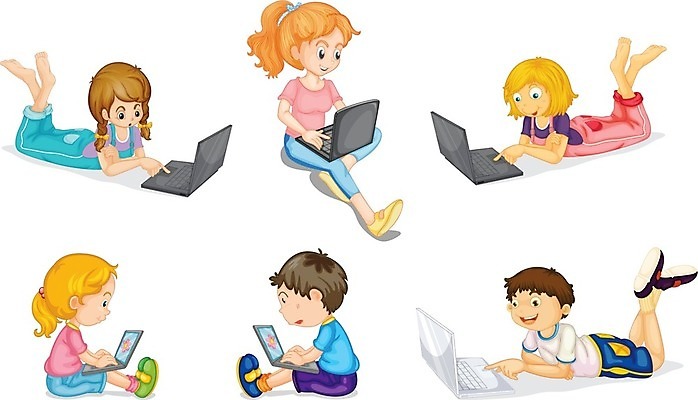 EPS 해외이미지 학생 여자 어린이교육 교육 남자 어린이 일러스트 학교 사람 앉기 소년 노트북 컴퓨터 쌓기 모니터 공책 잡기 해외202004 해외일러스트 모션 문구용품 전자제품 파일형식 벡터