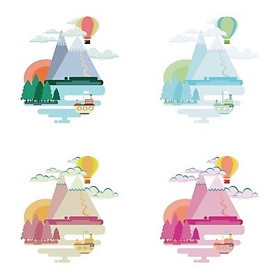 EPS 해외이미지 나무 구름 무료이미지 백그라운드 일러스트 산 풍경 사람없음 열기구 해외202004 해외일러스트 자연요소 식물 항공교통 파일형식 벡터