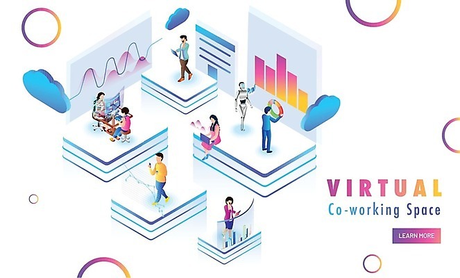 EPS 해외이미지 무료이미지 디자인 여자 남자 인터넷 일러스트 회사 비즈니스 회의 직장 여러명 성인 로봇 온라인 아이소메트릭 가상공간 성인만 코워킹스페이스 해외202004 해외일러스트 다수 사람 파일형식 벡터 공유경제