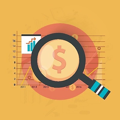 EPS 해외이미지 무료이미지 돈 일러스트 비즈니스 통계 돋보기 그래프 사람없음 달러 주황색 확대 꺾은선그래프 꺾은선 해외202004 해외일러스트 선 컬러 재산 파일형식 벡터