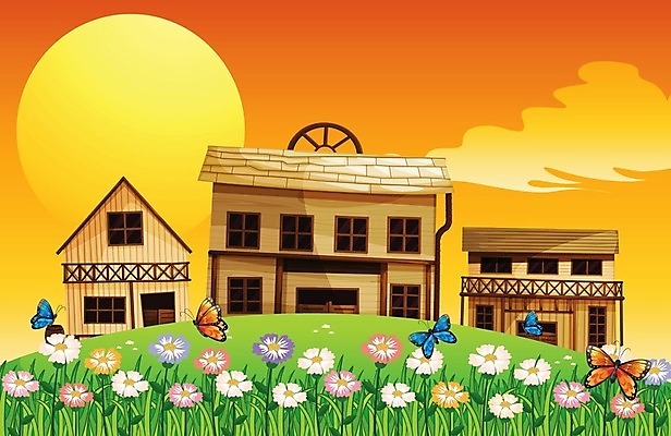 EPS 해외이미지 꽃 나비 일러스트 사람없음 농장 일몰 해외202004 해외일러스트 식물 곤충 농업 노을 파일형식 벡터