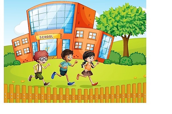 EPS 해외이미지 나무 식물 여자 어린이교육 교육 꽃 어린이 일러스트 학교 하늘 함께함 사람 잔디 건물 울타리 해외202004 해외일러스트 건축물 컨셉 담장 파일형식 벡터