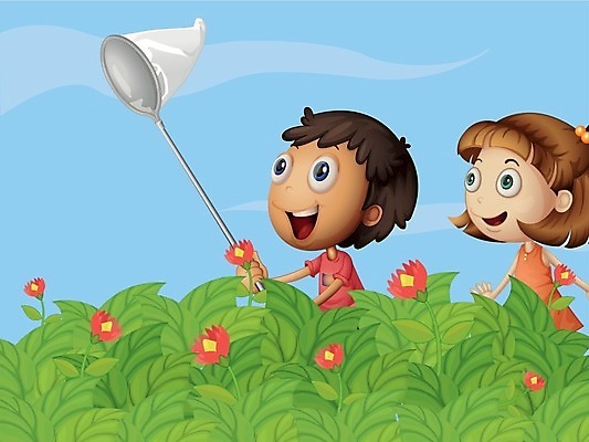 EPS 해외이미지 식물 여자 남자 꽃 어린이 일러스트 들기 사람 소년 두명 정원 채집망 어린이만 해외202004 해외일러스트 모션 파일형식 벡터