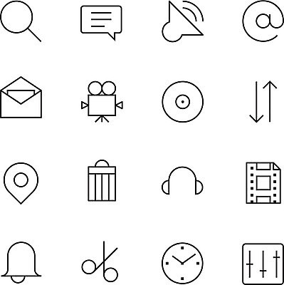 EPS 해외이미지 무료이미지 디자인 화살표 시계 말풍선 일러스트 돋보기 편지봉투 가위 사람없음 헤드폰 종 쓰레기통 볼륨 필름 위치 골뱅이기호 영화카메라 이퀄라이저 해외202004 해외일러스트 기호 음향기기 문구용품 봉투 카메라 편지 파일형식 벡터 무료콘텐츠