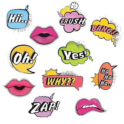 EPS 해외이미지 말풍선 스티커 일러스트 텍스트 프레임 사람없음 단어 컬러풀 표현 유머 만화 입술 팝아트 코믹 카툰스타일 입술모양 레터링 효과 해외202004 해외일러스트 모양 문자 감정 컬러 신체부위 그림 파일형식 벡터