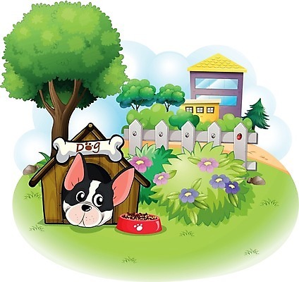 EPS 해외이미지 나무 식물 꽃 일러스트 사람없음 울타리 반려동물 정원 강아지 개집 해외202004 해외일러스트 동물 담장 개 애견용품 파일형식 벡터