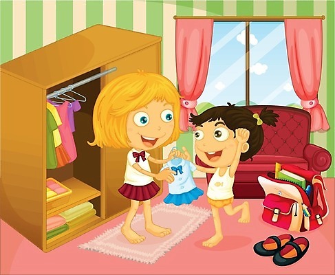 EPS 해외이미지 전신 무료이미지 학생 옷 여자 어린이 신발 일러스트 책가방 들기 소녀 두명 소파 손들기 커튼 장롱 여동생 언니 소녀만 해외202004 해외일러스트 가구 의자 가방 가족 모션 사람 자매 동생 여자만 어린이만 파일형식 벡터 무료콘텐츠