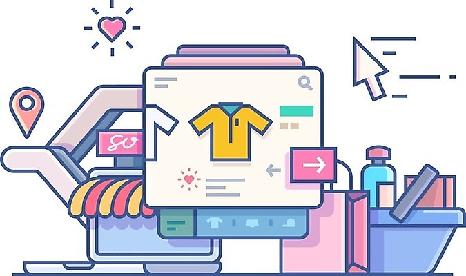 EPS 해외이미지 무료이미지 디자인 옷 컨셉 인터넷 일러스트 모바일 사람없음 쇼핑백 상점 스크린 상품 장바구니 커서 온라인쇼핑 모바일쇼핑 인터넷창 차양 해외202004 해외일러스트 가방 쇼핑 바구니 온라인 파일형식 벡터