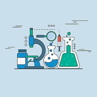 EPS 해외이미지 무료이미지 교육 과학 일러스트 현미경 실험기구 주사기 사람없음 파란색 약병 삼각플라스크 확대경 둥근플라스크 해외202004 해외일러스트 컬러 의료기기 약 플라스크 병_담는 파일형식 벡터 무료콘텐츠