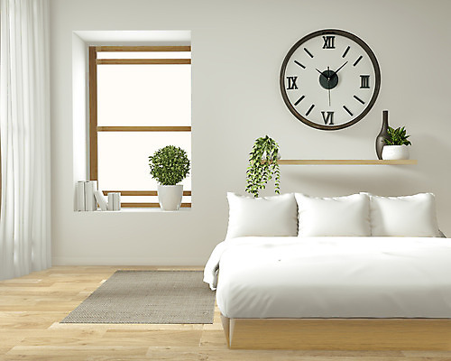 JPG 해외이미지 화분 화초 시계 창문 선반 사람없음 책 깨끗함 카펫 흰색 침대 모던 나무바닥 심플 안방 해외포토 포토 식물 컬러 가구 컨셉 바닥 파일형식