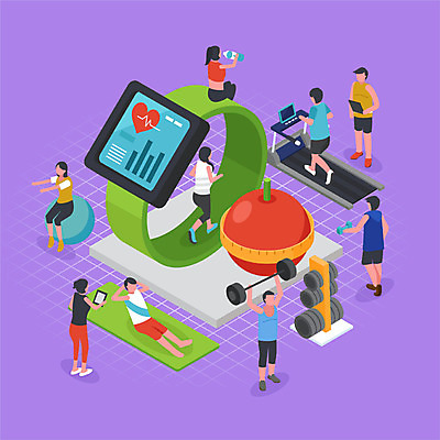 전신 여자 남자 일러스트 의학 줄자 건강 들기 사람 여러명 성인 운동 운동기구 보라색 헬스 아령 역기 맥박 사과 트레이너 런닝머신 아이소메트릭 스마트워치 성인만 보건의날 국내일러스트 AI파일 컬러 다수 과일 모션 자 스마트기기 웨어러블 파일형식 벡터 법정기념일