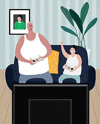 전신 할아버지 노년 남자 어린이 거실 일러스트 손자 사람 앉기 소년 두명 실버라이프 소파 게임 즐거움 남자만 국내일러스트 AI파일 라이프스타일 감정 의자 모션 놀이 성인 손주 파일형식 벡터