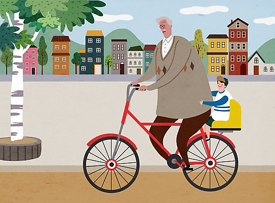 전신 할아버지 노년 남자 어린이 일러스트 손자 거리 주택 사람 두명 실버라이프 자전거 운전 승차 즐거움 남자만 국내일러스트 AI파일 라이프스타일 감정 모션 성인 건물 바이크 손주 파일형식 벡터