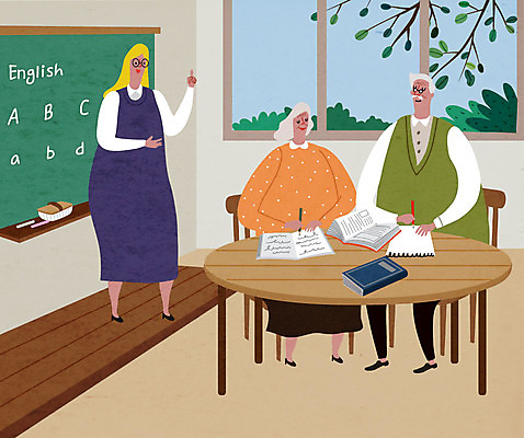전신 영어 여자 할아버지 노년 남자 할머니 일러스트 영어교육 서기 사람 앉기 성인 세명 실버라이프 노부부 기록 영어교사 학원 영어교실 국내일러스트 AI파일 문자 라이프스타일 부부 교육 모션 수업 교사 파일형식 벡터