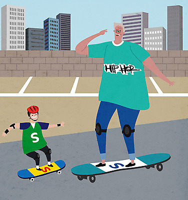 전신 공원 할아버지 노년 남자 어린이 하늘색 일러스트 손자 사람 두명 실버라이프 스케이트보드 헬멧 무릎보호대 남자만 국내일러스트 AI파일 라이프스타일 공공시설 성인 파란색 보드_스포츠 보호장비 손주 파일형식 벡터