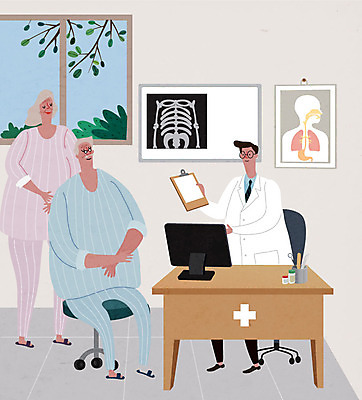 전신 여자 할아버지 노년 남자 할머니 하늘색 일러스트 병원 서기 들기 사람 앉기 성인 세명 실버라이프 노부부 의사 건강검진 서류판 국내일러스트 AI파일 라이프스타일 부부 의학 모션 파란색 사무용품 의료진 검사_조사 파일형식 벡터