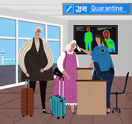 전신 여자 할아버지 노년 남자 할머니 일러스트 서기 사람 성인 세명 실버라이프 캐리어 공항 온도계 체온계 직원 검사_조사 체온 발열 검역 코로나바이러스 델타변이바이러스 국내일러스트 AI파일 라이프스타일 교통시설 모션 여행가방 바이러스 위생 파일형식 벡터