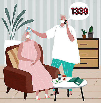 전신 여자 할아버지 노년 남자 할머니 거실 일러스트 사람 두명 실버라이프 통화 얼음주머니 고열 발열 노인만 코로나바이러스 1339 델타변이바이러스 국내일러스트 AI파일 라이프스타일 모션 성인 바이러스 주머니 온도 전화번호 성인만 파일형식 벡터