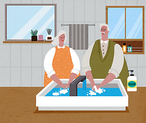 여자 할아버지 노년 남자 할머니 하늘색 일러스트 사람 상반신 두명 실버라이프 노부부 청결 욕실 예방 손씻기 전염병 손세정제 노인만 코로나바이러스 델타변이바이러스 국내일러스트 AI파일 라이프스타일 부부 성인 파란색 바이러스 위생 씻기 질병 세정제 성인만 파일형식 벡터