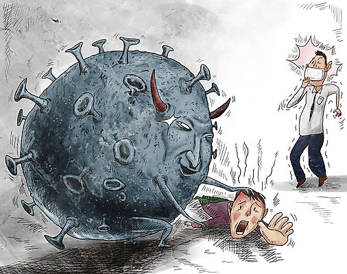 PSD 남자 일러스트 마스크 사람 성인 두명 놀람 잡기 바이러스 질병 감기 사회이슈 감염 전염 몬스터 인플루엔자 성인남자만 코로나바이러스 델타변이바이러스 국내일러스트 감정 컨셉 의학 모션 표정 남자만 성인만 파일형식