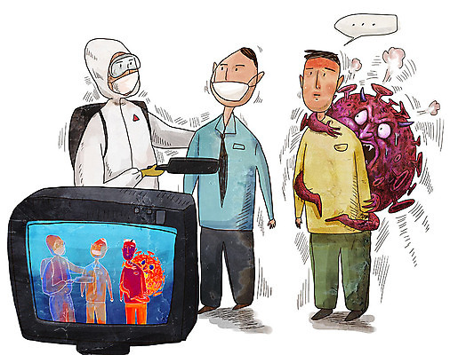 PSD 남자 일러스트 마스크 사람 성인 세명 카메라 놀람 바이러스 질병 체온계 감기 사회이슈 검사_조사 감염 전염 업기 몬스터 인플루엔자 체온측정 성인남자만 성인만 검역 코로나바이러스 방역복 델타변이바이러스 국내일러스트 옷 감정 컨셉 의학 모션 표정 전자제품 위생 온도계 측정 방역 남자만 파일형식