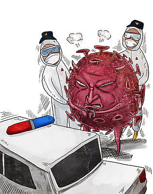 PSD 남자 일러스트 사람 성인 두명 분노 바이러스 경찰 질병 감기 수갑 사회이슈 전염 경찰차 몬스터 인플루엔자 체포 성인남자만 코로나바이러스 방역복 델타변이바이러스 국내일러스트 직업 옷 감정 컨셉 의학 자동차 감염 방역 남자만 성인만 파일형식