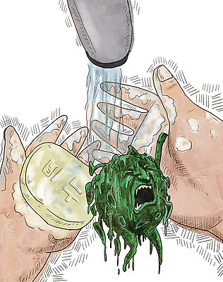 PSD 손 일러스트 한명 사람 신체부위 물 바이러스 질병 감기 사회이슈 세면대 수도꼭지 예방 전염 안전수칙 비누 손씻기 몬스터 인플루엔자 코로나바이러스 델타변이바이러스 국내일러스트 녹이기 자연요소 1 컨셉 의학 모션 안전 위생용품 씻기 감염 파일형식