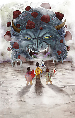 PSD 남자 일러스트 한국 서기 들기 사람 세명 일본 중국 경쟁 바이러스 국기 질병 감기 사회이슈 전염 대치 몬스터 위기 인플루엔자 성인남자만 코로나바이러스 델타변이바이러스 국내일러스트 아시아 컨셉 의학 모션 감염 남자만 성인만 파일형식