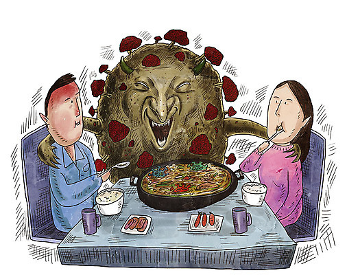 PSD 여자 남자 음식 일러스트 밥 웃음 사람 두명 식사 바이러스 질병 감기 사회이슈 감염 전염 전파 몬스터 인플루엔자 성인만 코로나바이러스 델타변이바이러스 국내일러스트 컨셉 의학 표정 파일형식