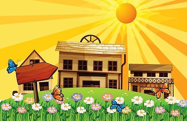 EPS 해외이미지 식물 꽃 화살표 나비 일러스트 사람없음 건물 목재 태양 정원 해외202004 해외일러스트 자연요소 나무 건축물 곤충 재료 파일형식 벡터