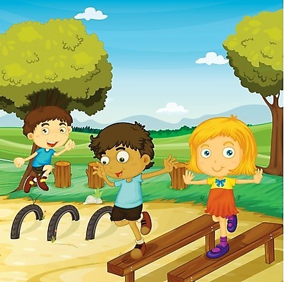 EPS 해외이미지 전신 나무 무료이미지 공원 여자 어린이교육 남자 어린이 일러스트 하늘 팔벌리기 소년 세명 걷기 점프 평균대 어린이만 해외202004 해외일러스트 식물 공공시설 교육 스포츠용품 모션 사람 파일형식 벡터