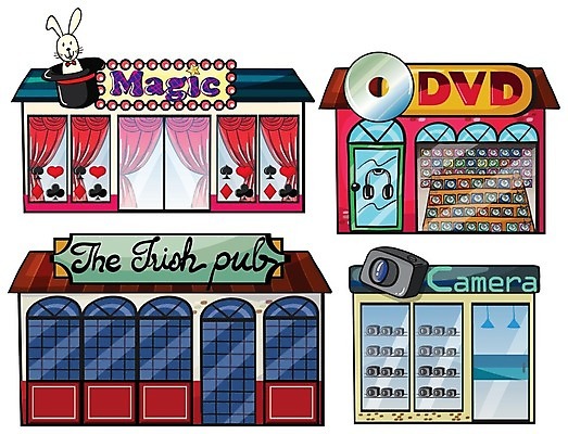 EPS 해외이미지 일러스트 간판 사람없음 건물 세트 카메라 상점 마술 CD 토끼 커튼 술집 마술사모자 DVD 레코드샵 마술쇼 해외일러스트 모자_잡화 건축물 포유류 전자제품 반려동물 파일형식 벡터