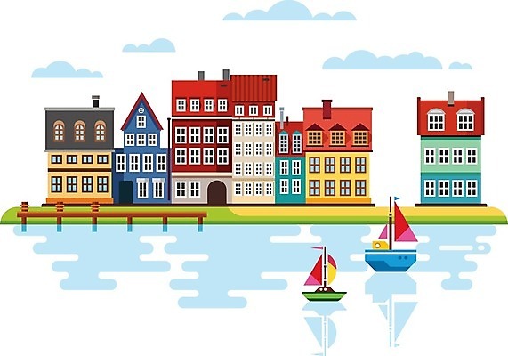 EPS 해외이미지 구름 무료이미지 컨셉 요트 일러스트 거리 풍경 사람없음 건물 울타리 강 도시풍경 반사 도시 타운 해외202004 해외일러스트 자연요소 건축물 배_교통 담장 파일형식 벡터