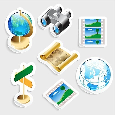 EPS 해외이미지 무료이미지 지구 여행 스티커 세계지도 지도 일러스트 사람없음 지구본 쌍안경 표지판 사진필름 해외202004 해외일러스트 알림판 세계 망원경 필름 파일형식 벡터 무료콘텐츠