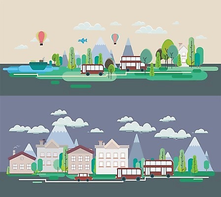 EPS 해외이미지 나무 무료이미지 배너 공원 일러스트 하늘 풍경 사람없음 건물 초록색 해외202004 해외일러스트 식물 건축물 공공시설 컬러 파일형식 벡터