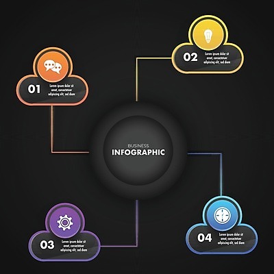 EPS 해외이미지 무료이미지 말풍선 일러스트 비즈니스 아이디어 사람없음 검은색 인포그래픽 정보 성장 원형 계획 톱니바퀴 단계 진행 전구모양 해외202004 해외일러스트 모양 도형 컬러 컨셉 전구 파일형식 벡터