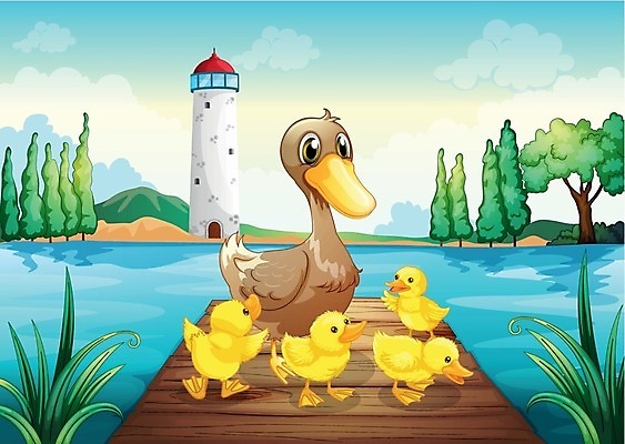 EPS 해외이미지 나무 무료이미지 호수 여러마리 일러스트 가족 오리 등대 사람없음 강 연못 나무다리 오리새끼 해외202004 해외일러스트 식물 새끼 다수 관계 조류 다리_건축물 파일형식 벡터 무료콘텐츠