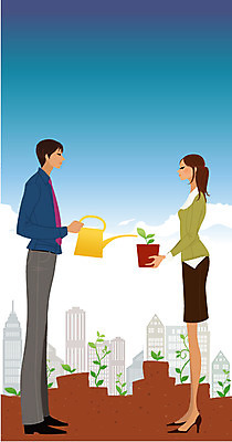 EPS 주간 식물 라이프스타일 여자 남자 화분 일러스트 비즈니스 사람 빌딩 20대 야외 두명 건물 30대 비즈니스라이프 새싹 물뿌리개 성장 비즈니스맨 비즈니스우먼 동료 성인만 국내일러스트 자연요소 건축물 관계 청년 생활 장년 직장인 파일형식 벡터