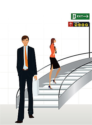 EPS 라이프스타일 여자 남자 일러스트 비즈니스 교통시설 모션 실내 사람 정장 20대 두명 30대 비즈니스라이프 계단 비즈니스맨 비즈니스우먼 공항 출장 성인만 국내일러스트 옷 교통 청년 내부 생활 장년 직장인 시설 파일형식 벡터