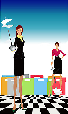 EPS 라이프스타일 여자 일러스트 비즈니스 사람 두명 비즈니스라이프 사무실 경쟁 비즈니스우먼 동료 문서 파일 전쟁 펜싱 여자만 국내일러스트 스포츠 컨셉 관계 생활 직장인 파일형식 벡터