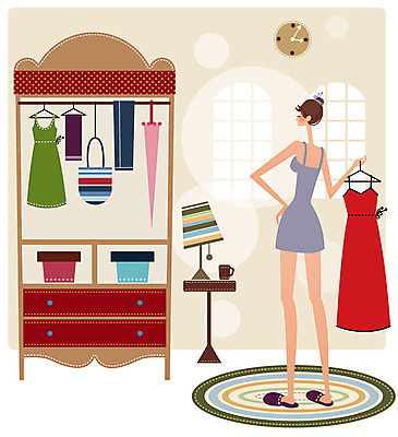 EPS 우먼라이프 라이프스타일 옷 원피스 여자 패션 시계 일러스트 탁자 슬리퍼 실내 한명 사람 20대 성인 컵 30대 상자 카펫 스탠드 장롱 옷걸이 서랍장 여자만 여자한명만 성인여자만 성인만 국내일러스트 1 식기 가구 신발 조명 청년 내부 생활 장년 파일형식 벡터