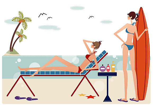 EPS 주간 우먼라이프 라이프스타일 여자 수영복 바다 여행 일러스트 탁자 갈매기 휴가 휴식 슬리퍼 사람 20대 해변 야외 두명 30대 여름휴가 바캉스 비키니 야자수 서핑보드 선탠 선베드 여자만 성인여자만 성인만 국내일러스트 자연요소 나무 옷 가구 신발 컨셉 의자 조류 청년 생활 장년 보드_스포츠 파일형식 벡터 여름_계절