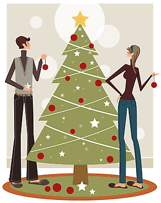 EPS 라이프스타일 커플 여자 기념일 남자 별 종교 크리스마스 일러스트 슬리퍼 실내 사람 20대 두명 장식 30대 크리스마스트리 성인만 국내일러스트 자연요소 신발 관계 이벤트 청년 내부 생활 장년 파일형식 벡터