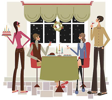 EPS 라이프스타일 여자 남자 크리스마스 의자 일러스트 창문 탁자 서기 들기 사람 앉기 이벤트 여러명 성인 파티 케이크 모임 연말 국내일러스트 기념일 가구 다수 모션 디저트 생활 파일형식 벡터