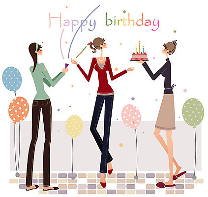 EPS 여자 일러스트 폭죽 서기 사람 이벤트 성인 세명 파티 케이크 축하 생일파티 생일 생일축하 풍선 국내일러스트 기념일 컨셉 모션 디저트 파일형식 벡터