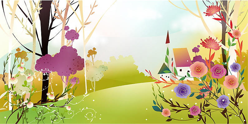 EPS 나무 식물 사계절 계절 꽃 백그라운드 일러스트 자연 주택 사람없음 봄 덩굴 언덕 봄배경 국내일러스트 건물 생태계 파일형식 벡터