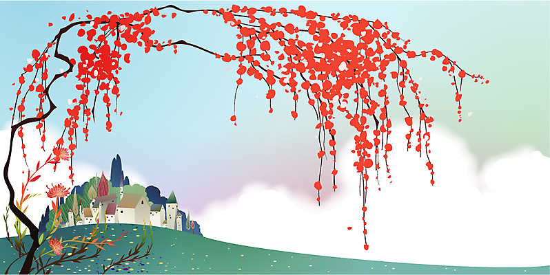 EPS 나무 식물 사계절 계절 꽃 백그라운드 일러스트 자연 주택 꽃나무 사람없음 마을 봄 언덕 국내일러스트 건물 생태계 파일형식 벡터