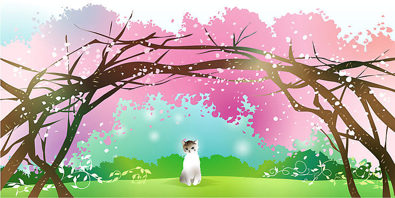 EPS 주간 나무 동물 척추동물 육지동물 사계절 계절 꽃 백그라운드 일러스트 포유류 자연 꽃나무 사람없음 야외 고양이 봄 덩굴 국내일러스트 자연요소 식물 반려동물 생태계 파일형식 벡터