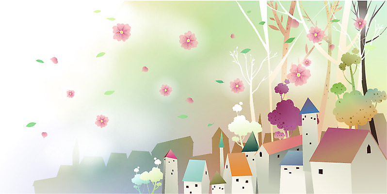 EPS 나무 사계절 계절 꽃 백그라운드 잎 일러스트 자연 주택 풍경 사람없음 야외 마을 봄 국내일러스트 식물 건물 생태계 파일형식 벡터