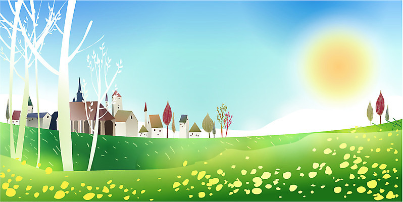 EPS 주간 나무 시설물 건축물 사계절 계절 현대건축 건축 백그라운드 일러스트 자연 날씨 주택 따뜻함 풍경 초원 사람없음 야외 건물 여름 태양 마을 맑음 들꽃 언덕 국내일러스트 자연요소 식물 꽃 생태계 파일형식 벡터